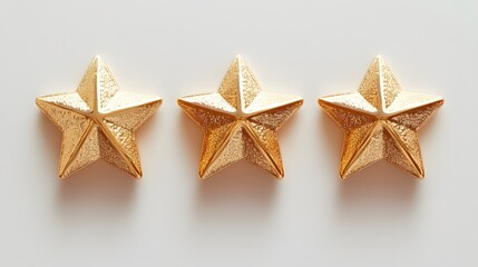 Obraz premium Five polished golden stars align in a row on a white background, showcasing a premium metallic texture and soft shadows for a luxurious rating symbol.
