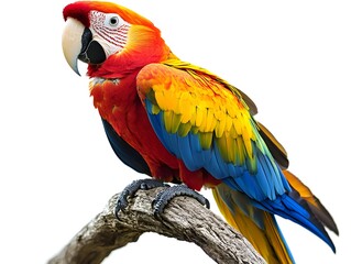 Obraz premium A vibrant scarlet macaw parrot perched on a weathered branch against a pure white background displays its magnificent plumage.