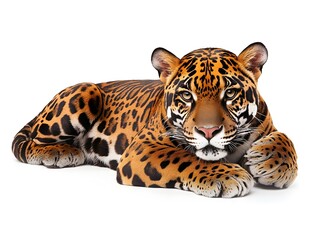 Obraz premium A majestic lies resting on a white background showcasing its striking spots and powerful build in a captivating wildlife image.