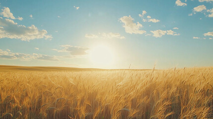 Obraz premium Golden Wheat Field Bathed in Warm Sunset Light Under Clear Blue Sky