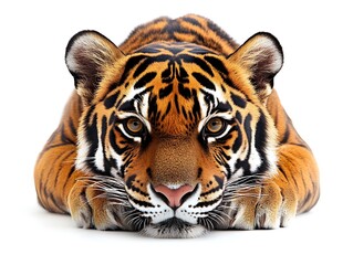 Obraz premium A majestic Bengal tiger rests on a white background, showcasing its striking orange and black stripes in a captivating close-up portrait.