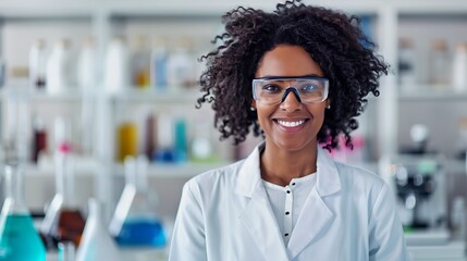 Confident female scientist with safety glasses in modern laboratory setting