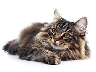 Obraz premium A beautiful longhaired tabby cat lies on a white background looking alert and curious with its paws extended.