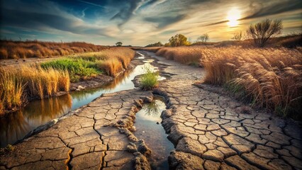 Abandoned Riverbed: Dilapidated Ditch, Dry Creek Bed, Eroded Landscape, Nature's Decay, Rural Scenery