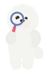 虫眼鏡を覗き込むビション・フリーゼのイラスト　立っている犬のキャラクター　