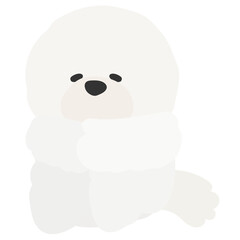 しょんぼりした顔で体育座りしているビション・フリーゼのイラスト　擬人化したいぬ