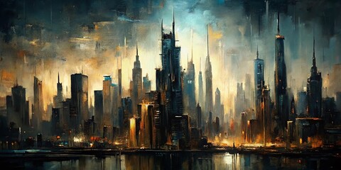 Fototapeta premium Abstract Black Oil Cityscape Painting - Modern Skyscrapers Hand Drawn Art