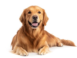 A happy golden retriever dog lies down on a white background looking directly at the camera with its tongue slightly out.