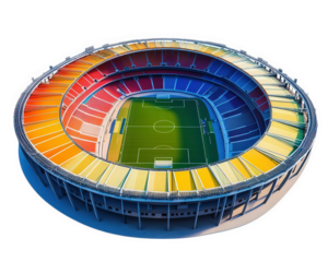 vibrant stadium with colorful design, featuring green field and seating areas in various hues. This unique structure stands out with its circular shape and bright colors