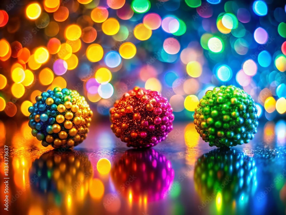 Poster abstract bokeh background with three pixelated objects, soft focus, colorful lights