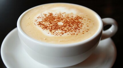 A cup of coffee with a frothy white layer and cinnamon on top.