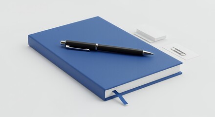 Blue Notebook with Pen and Business Cards for Office Supplies