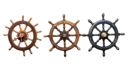 Three vintage wooden ship wheels on transparent background