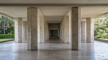 Obraz premium Colonnaded walkway, tropical garden backdrop