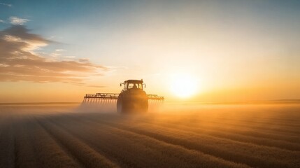 Fototapeta premium A tractor plows a field at dawn under bright sunlight