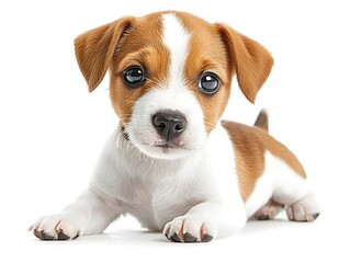 An adorable Jack Russell Terrier puppy lies down on a white background looking directly at the camera with big expressive eyes.
