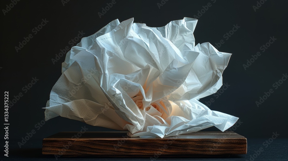 Poster abstract arrangement of pristine white soft paper tissue resting delicately on a rectangular wooden 