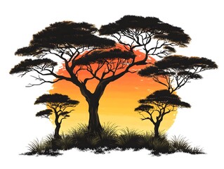 Silhouette of acacia trees at sunset in African savanna landscape with grass and orange sky background.