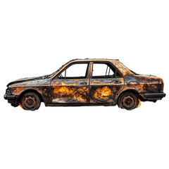 Burnt Car with Flames Isolated on Transparent Background