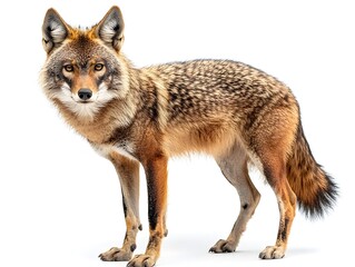 Fototapeta premium A majestic coyote stands alert against a stark white background showcasing its beautiful fur and intense gaze.