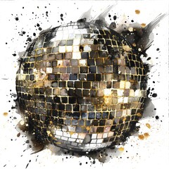 Abstract artistic representation of a disco ball using dynamic black ink and golden watercolor splashes on a clean white background, evoking festive mood