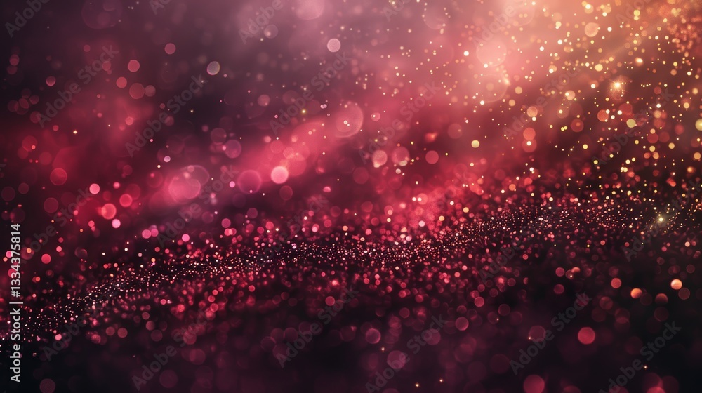 Poster abstract background of glowing particles with light effect, deep red and golden bokeh lights for fes