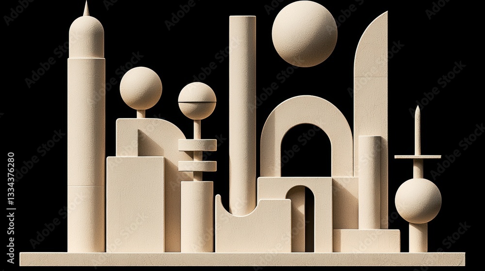 Poster a 3d rendering of a geometric sculpture composed of various shapes and sizes.
