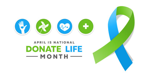 April is Donate Life Month. Hand, heart, windmill, heartbeat, plus icon and ribbon. Great for posters, banner, social media and more. White background.