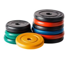 set of weight plates stacked neatly, showcasing various colors and sizes, ideal for fitness enthusiasts and gym setups. Perfect for strength training and weightlifting
