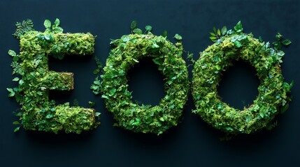 Eco-friendly concept letters EOO formed by moss and plants on dark background.