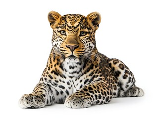 Obraz premium A majestic leopard rests calmly on a white background showcasing its stunning spotted coat and intense gaze.