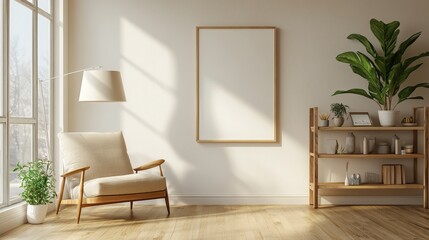 Cozy, sunlit room rendered in 3D. Warm wood floors, a comfortable armchair, and lush greenery create a peaceful, inviting space
