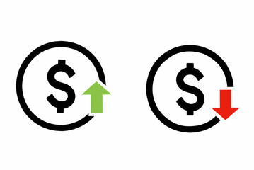 Cost reduction icon. cost increase. Dollar down icon vector. Dollar up icon. Letter icon symbol vector. Dollar up down vector.
