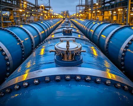 Long parallel blue pipes with metal fittings and bright overhead lights