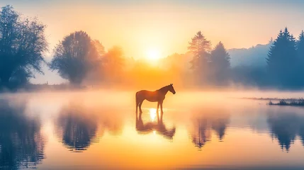 Fototapeten Majestic horse silhouetted at sunrise, reflected in calm lake water. © Luluk