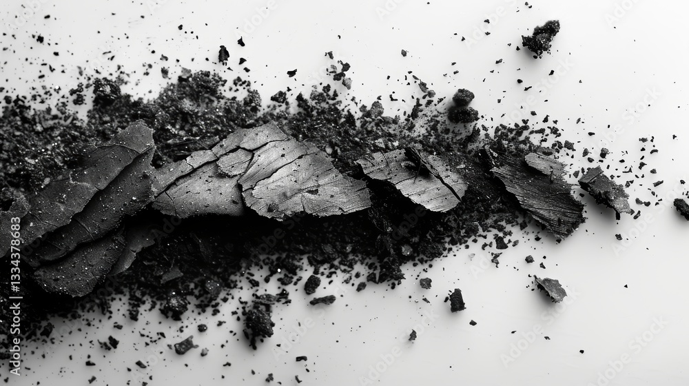 Poster abstract composition of charred wood fragments and ashes on a light surface, evoking textures and a 