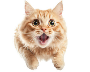 Surprised orange cat mid leap with wide eyes and open mouth, expressing excitement and curiosity. fluffy fur adds to its playful appearance