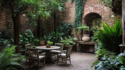 Obraz premium Courtyard garden, brick walls, lush plants, table, relaxation