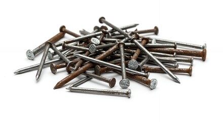 Pile of Metal Nails with Some Rust on a White Background