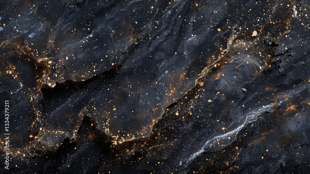 Poster abstract dark background with gold flecks evoking a cosmic nebula, creating a luxurious and ethereal