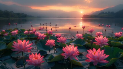 Beautiful Pink Lotus Flowers on a Serene Lake at Sunrise with Warm Golden Light