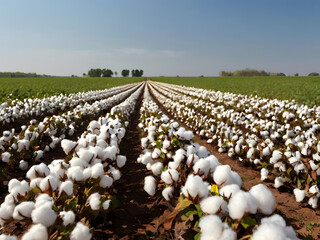 Cotton Plantation under Blue Sky: Rows of fluffy cotton bolls stretch to the horizon under a clear blue sky, showcasing the beauty of agricultural harvest.