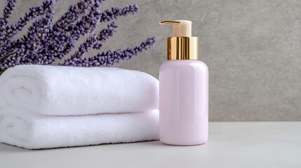 Elegant Spa Arrangement with Lavender, Towels, and Pastel Bottle for Relaxation