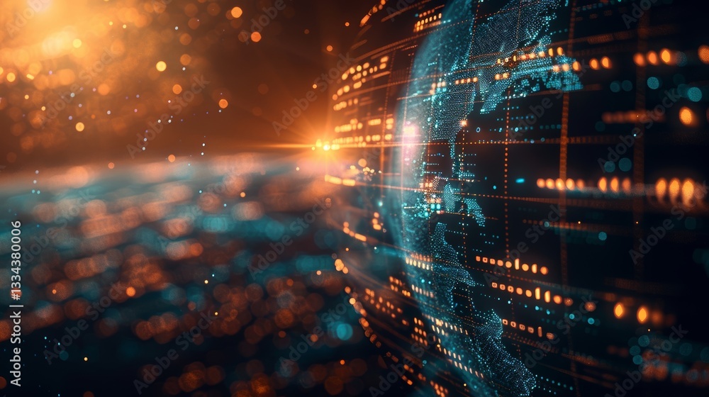 Poster abstract depiction of the digital earth with glowing networks and data streams, concept of global co