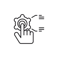 icon control management. Hand pointing at a gear with lines representing process efficiency. Ideal for illustrating innovation, technology, business strategies in presentations or infographics.