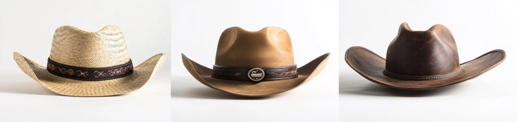 Three Distinct Cowboy Hat Styles on White Background