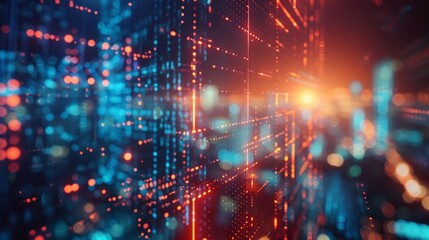 Obraz premium Abstract digital background with glowing blue and orange bokeh lights and data streams, representing modern technology, communication, and global network connections in the digital age
