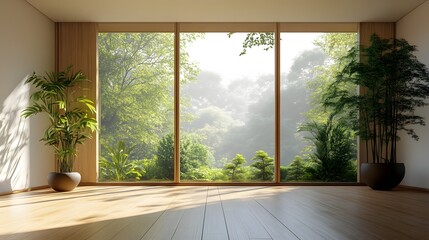 Minimalist interior with light wooden floors opens to lush greenery through large windows, blending Japanese-inspired design with a zen-like atmosphere.