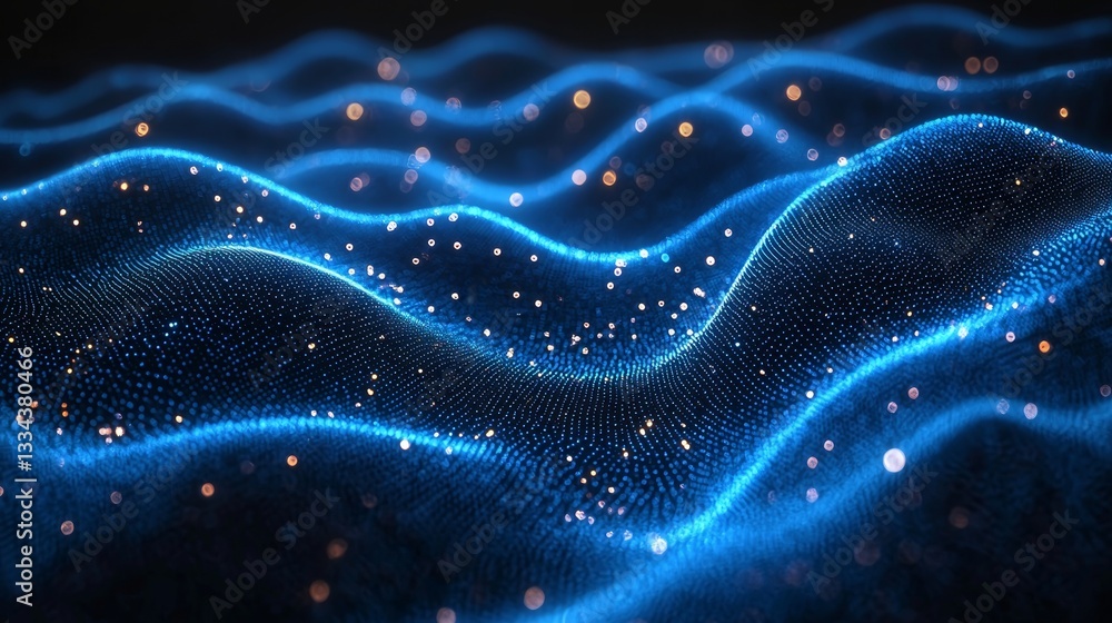 Poster abstract digital blue wave landscape with glowing particles, representing data flow, technology netw
