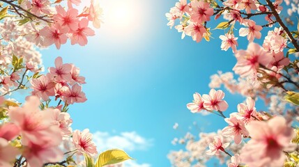 Beautiful Spring Landscape with Blossoming Cherry Branches under a Sunny Blue Sky with Space for Text